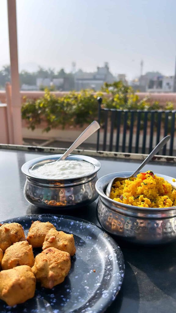 Traditional rajasthani poha in ranthambore, Rajasthan, India. tiger land, vegetarian dish, vegan dish