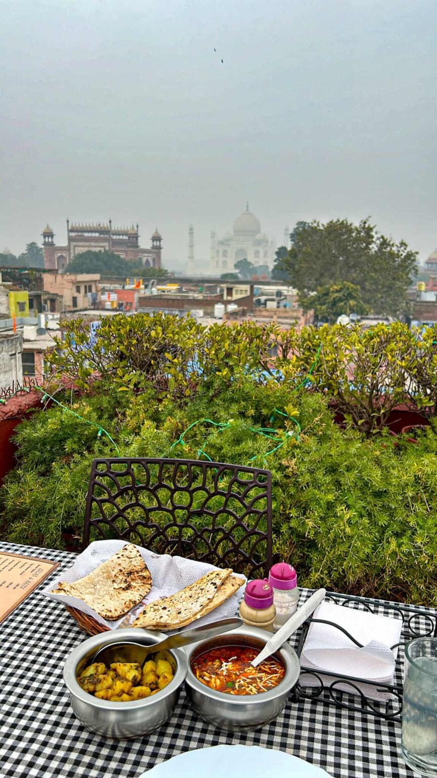 best paneer curry in delhi and best food in agra, rooftop view taj mahal