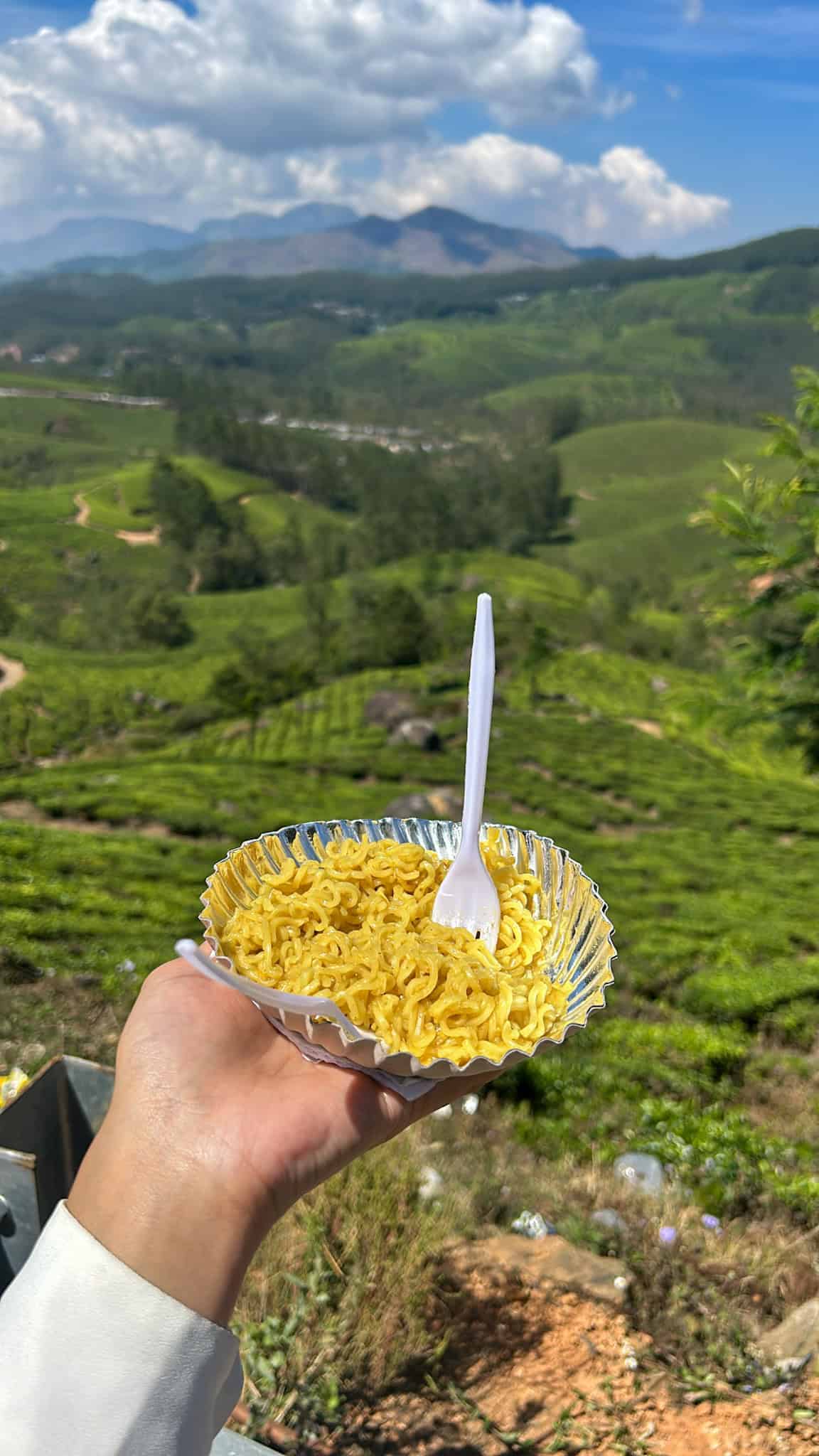 Roadside snacks, maggi, on Lockhart Gap Road in Munnar with tea views