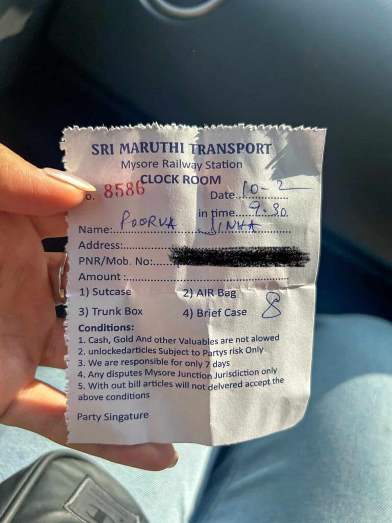 Mysore Train Station cloakroom to store bags for the day